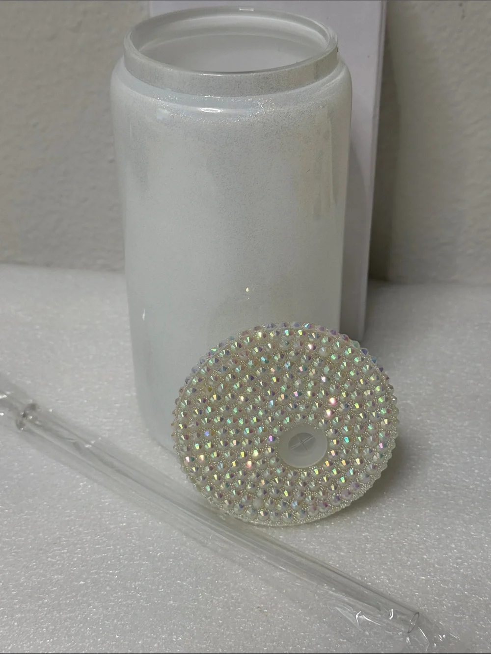 ✨🤍 Iridescent White Glitter Tumbler w/ Rhinestone Lid – Glam Sparkle Cup | 16oz